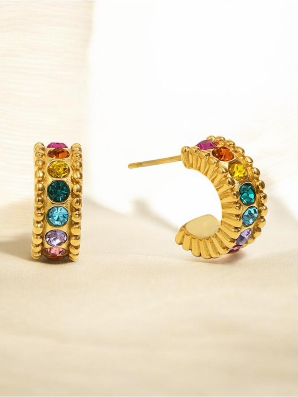 Rainbow Crystal Hoop Earrings NWT Gold Plated